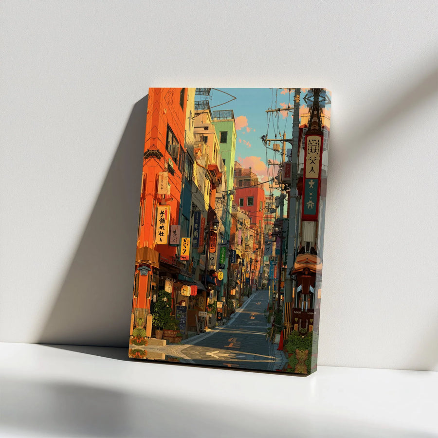 Japanese Street Anime Canvas Print | Vibrant Tokyo Alleyway Illustration | Gallery-Wrap Premium Decor | Aesthetic Gift for Otaku Lovers