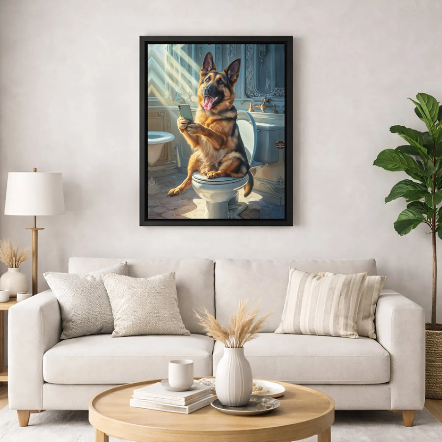 German Shepherd Toilet Wall Art | Funny Dog Using Smartphone Print | Premium Gallery Wrapped Canvas | Humorous Bathroom Decor Gift