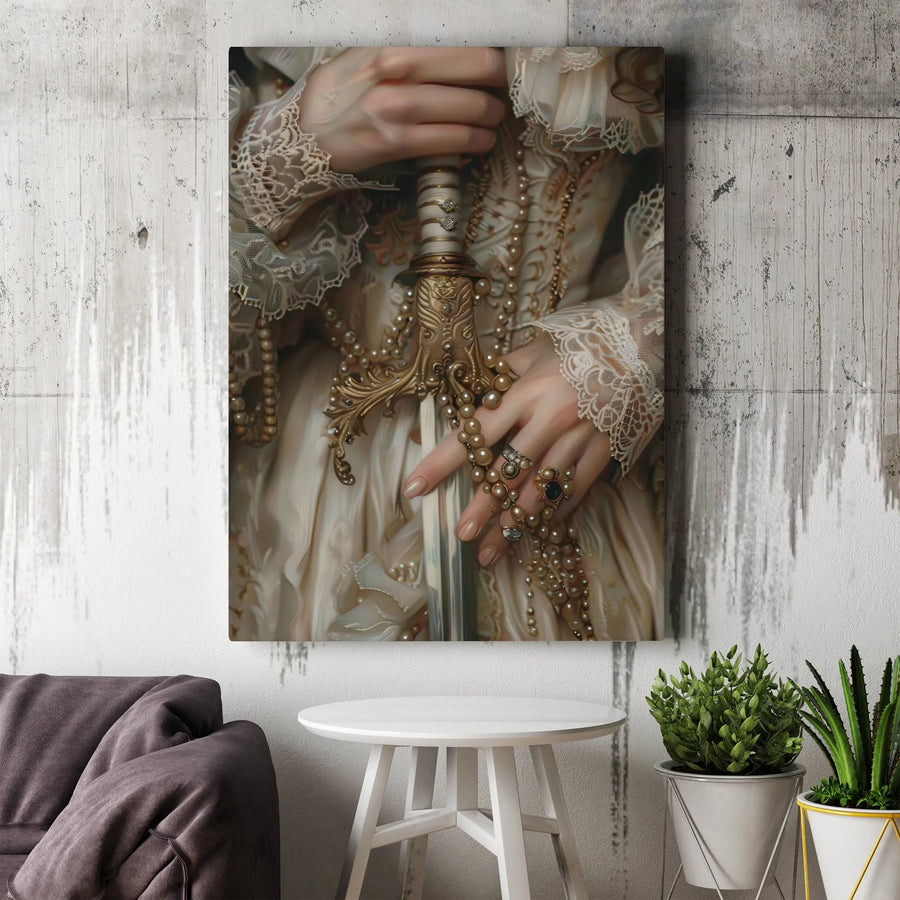 Royalcore Sword Canvas Print | Ornate Gilded Sword and Pearls | Thick Gallery Wrap Canvas | Dark Academia Home Decor Gift
