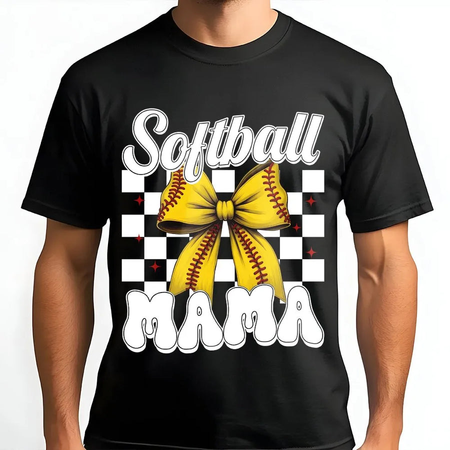 Softball Mama T-Shirt | Retro Checkered Bow Game Day Graphic | 100% Cotton Premium Tee | Gift for Baseball Softball Mom
