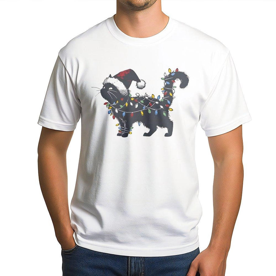 Christmas Cat T-Shirt | Black Kitten Tangled in Holiday Lights Graphic | 100% Premium Cotton Tee | Funny Xmas Gift for Cat Lovers