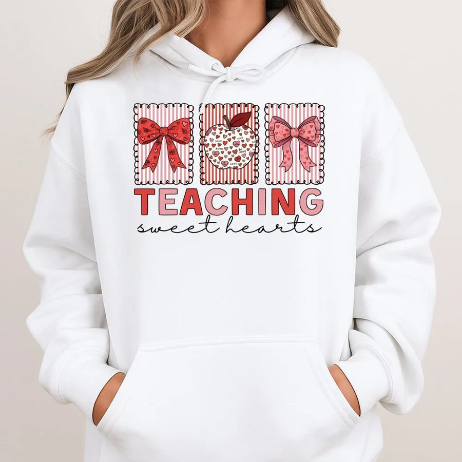 Teaching Sweet Hearts Hoodie | Teacher Valentine Bow & Apple Graphic | Premium Soft Cotton Blend | Cute Valentines Day Gift for Teachers