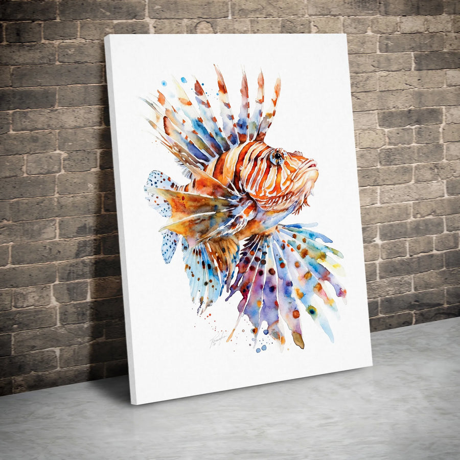 Lionfish Canvas Wall Art | Vibrant Watercolor Tropical Fish Painting | Premium Gallery Wrapped Print | Coastal Beach House Decor Gift for Ocean Lover