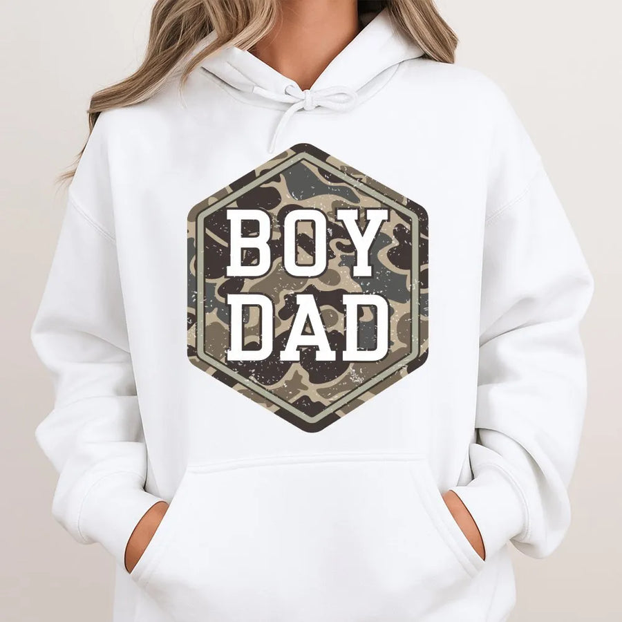 Boy Dad Camo Hoodie | Distressed Camouflage Graphic Tee | Premium Soft Cotton | Father's Day Gift for Husband