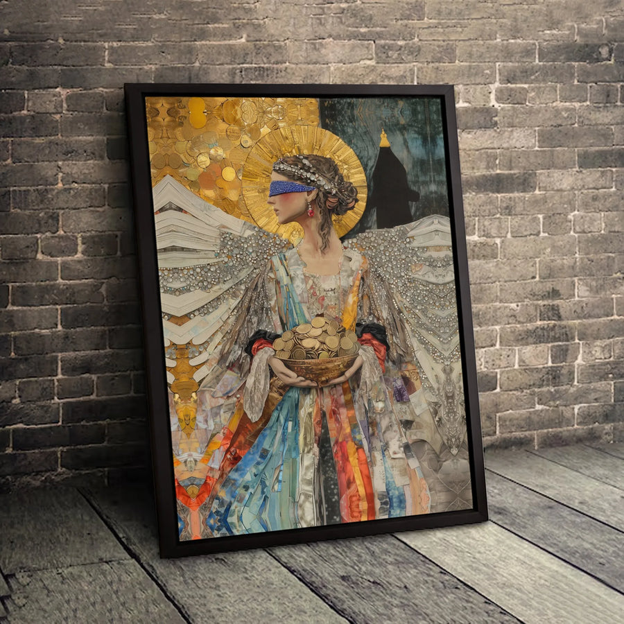 Blindfolded Angel Wall Art | Money Collage Surrealist Decor | 1.25-Inch Gallery-Wrapped Canvas | Unique Office & Home Decor Gift