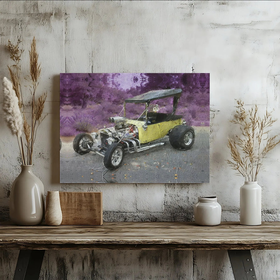 Yellow T-Bucket Hot Rod Canvas Art | Painterly Classic Car Wall Decor | Premium Fade-Resistant Gallery Print | Gift for Car Enthusiasts