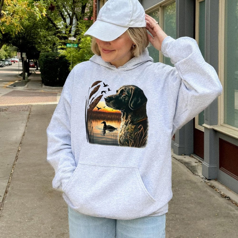Hunting Dog Hoodie | Duck Hunting Sunset Graphic | Premium Cotton Blend | Gift for Outdoorsmen and Hunters