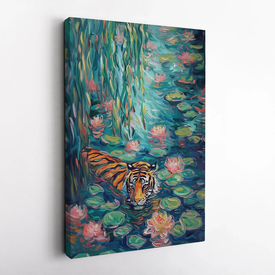 Tiger In Water Lily Pond Canvas Art | Impressionist Wildlife Oil Painting Style | Premium 1.25" Gallery Wrap | Nature Home Decor Gift