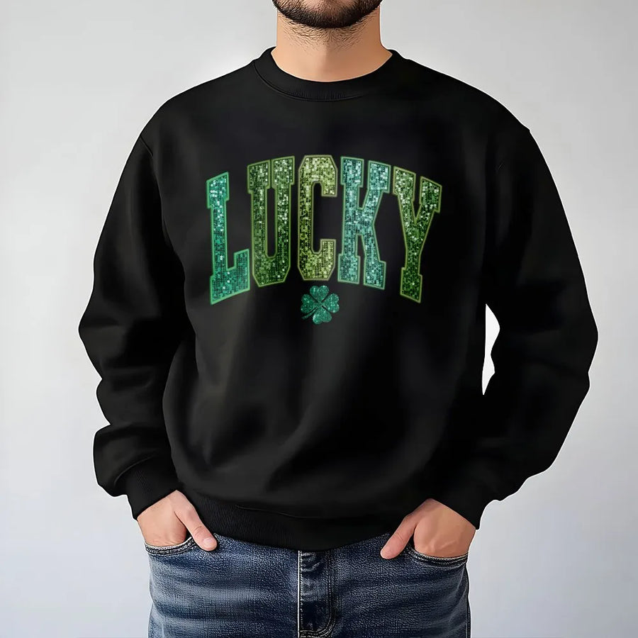 Lucky St Patricks Day Sweatshirt | Varsity Retro Shamrock Graphic | Cotton Blend Premium Pullover | Gift for Irish Women and Men