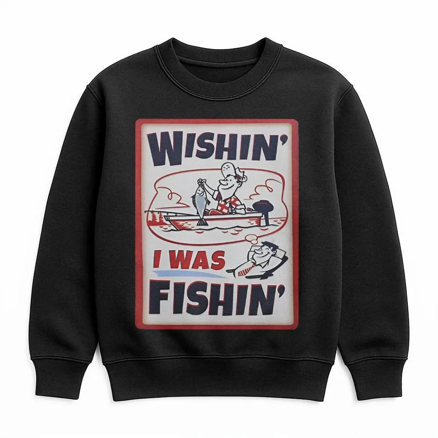 Wishin' I Was Fishin' Sweatshirt | Vintage Retro Fishing Graphic | Soft Cotton Blend Crewneck | Funny Gift for Fisherman, Angler, Dad