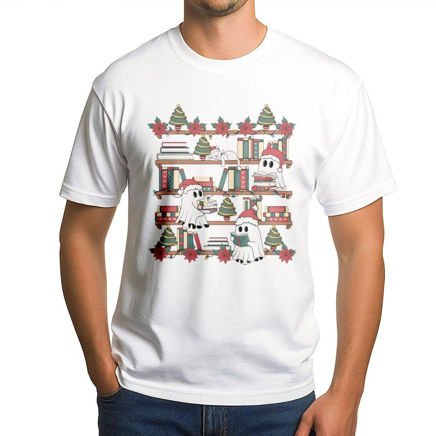 Christmas Ghost Bookshelf T-Shirt | Cute Spooky Reading Holiday Graphic Tee | 100% Cotton Premium Gift | Book Lover Festive Apparel for Adults