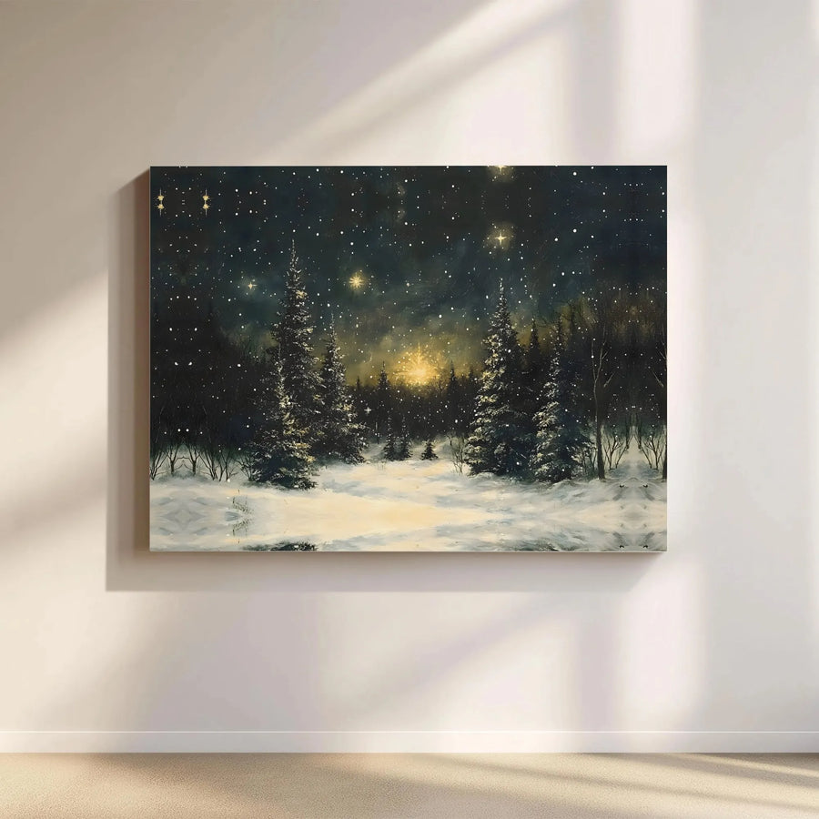 Winter Forest Canvas Wall Art | Snowy Night Starry Sky Landscape | Premium Gallery Wrap Print | Peaceful Nature Home Decor Gift