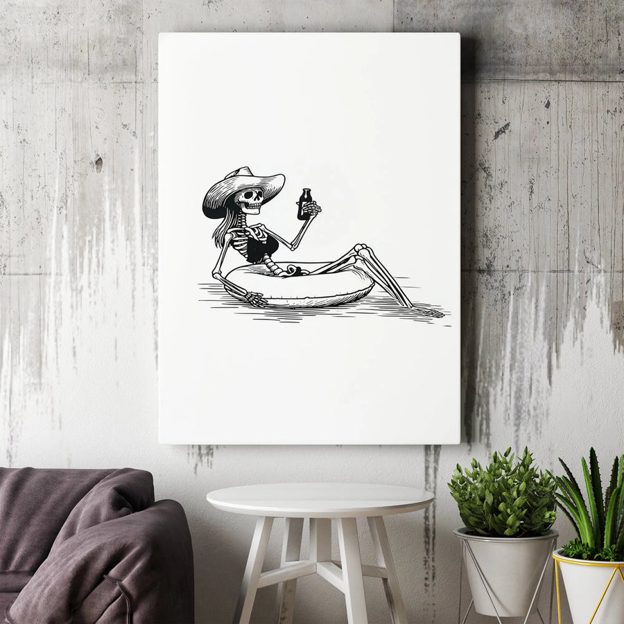 Skeleton Cowgirl Wall Art | Relaxing Summer Pool Float Illustration | Premium Gallery Wrap Canvas | Unique Gift for Beach Lovers & Western Decor