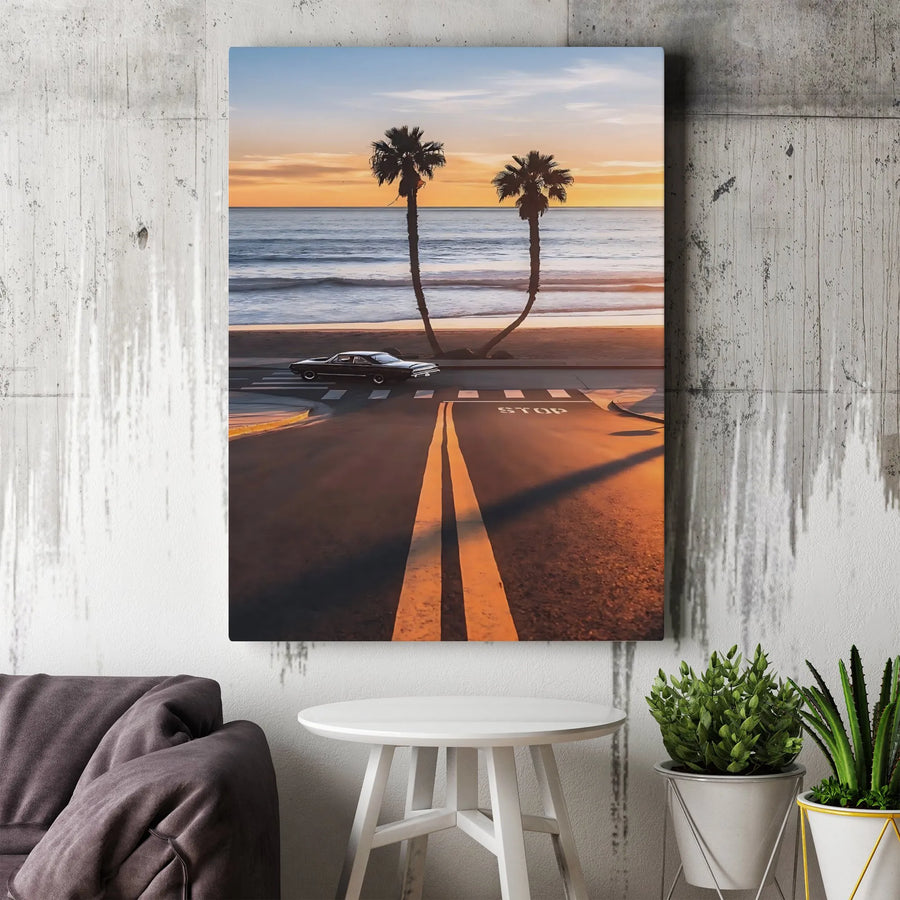 Coastal Highway Canvas Art | Classic Car Sunset Landscape | Gallery-Wrapped Premium Decor | California Dream Aesthetic Gift