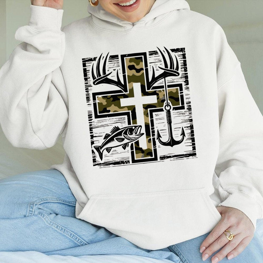 Fishing Hoodie | Camo Cross Deer Antlers And Bass Graphic | Cotton-Blend Premium Quality | Faithful Outdoor Gift For Men And Women