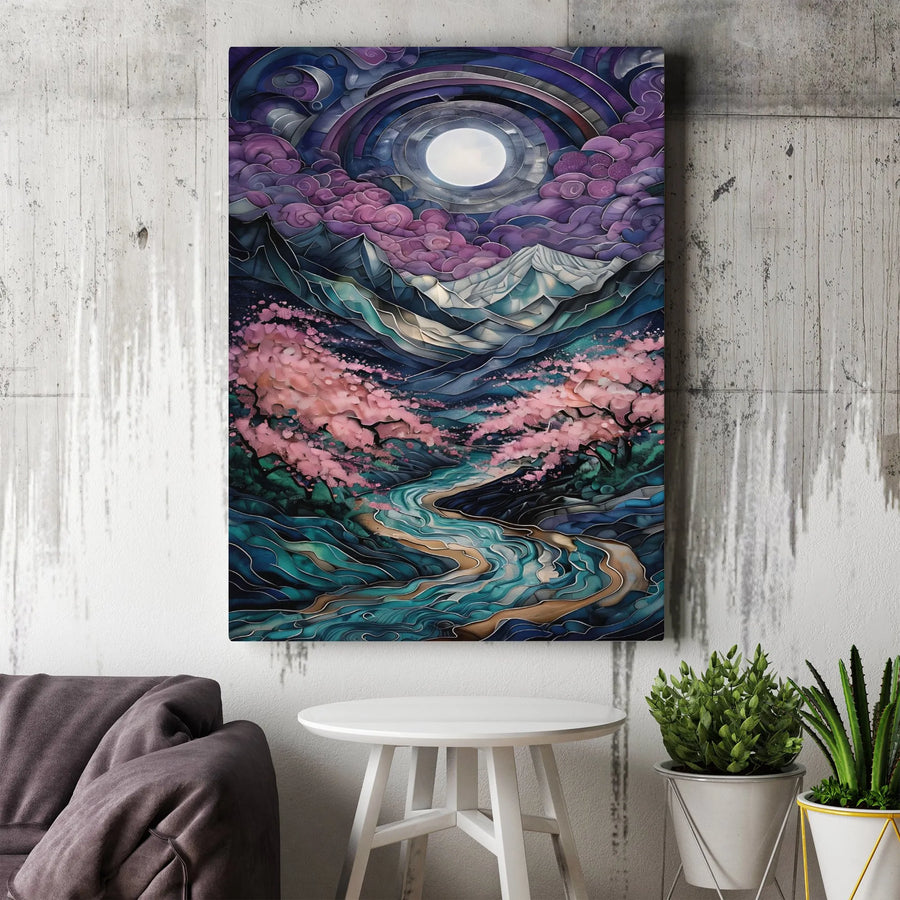 Moonlit Mountain Canvas Art | Stained Glass Style Cherry Blossom Landscape | Premium Fade-Resistant Print | Zen Home Office Wall Decor
