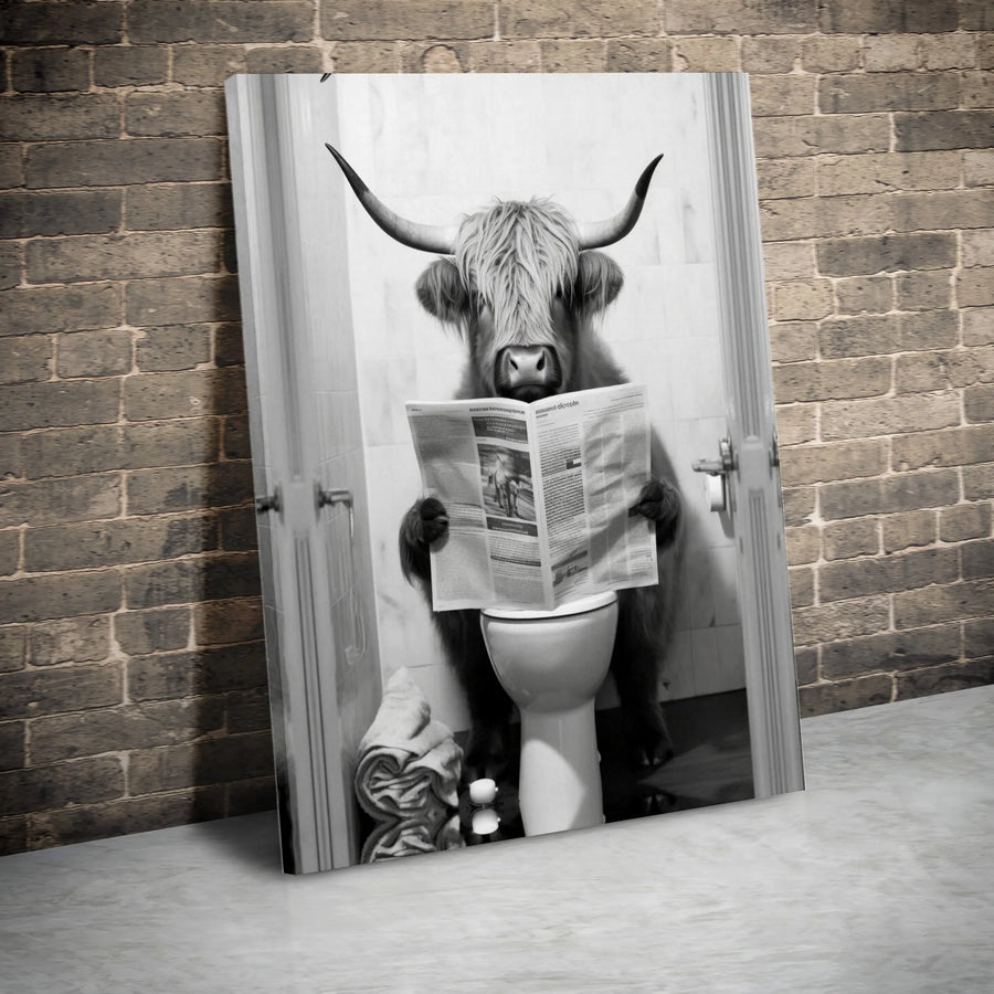 Highland Cow Bathroom Wall Art | Funny Toilet Newspaper Reading Canvas Print | Premium Gallery Wrap Decor | Quirky Farmhouse Home Gift