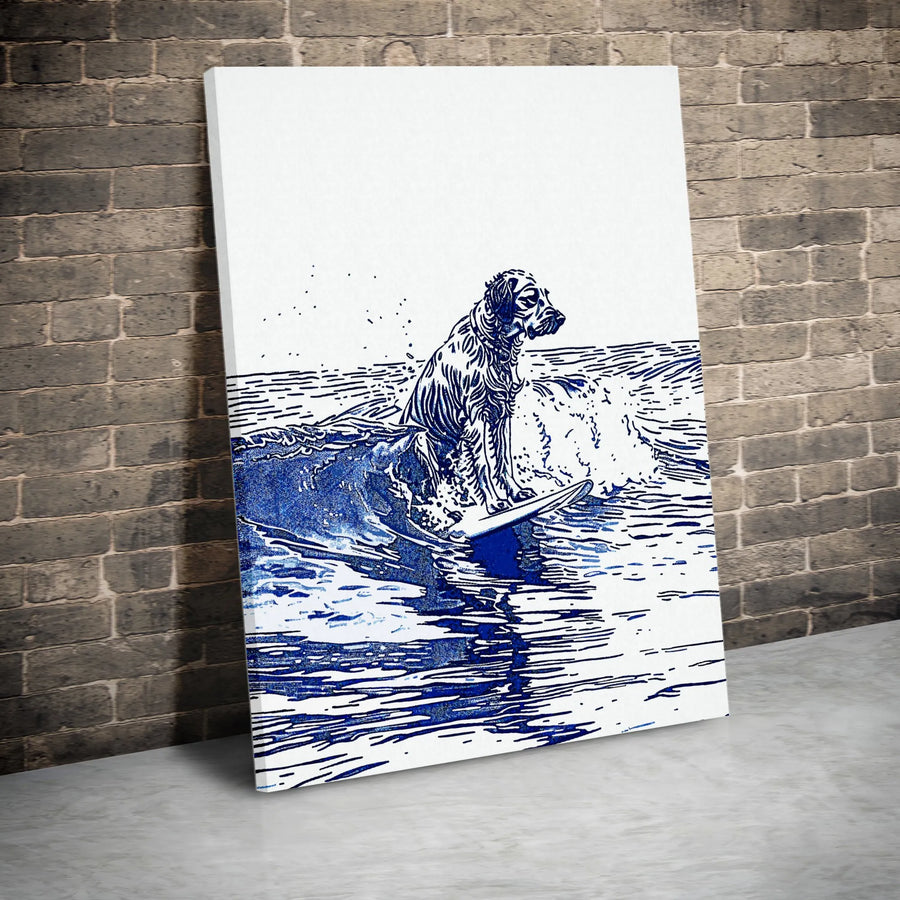 Surfing Dog Canvas Wall Art | Navy Blue Linocut Print | Premium Fade-Resistant Gallery Wrap | Coastal Beach House Decor Gift