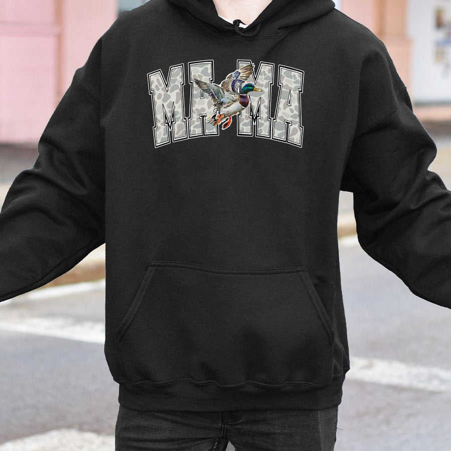 Duck Mama Hoodie | Camo Varsity Letter Graphic | Soft Cotton-Polyester Blend | Hunting Mom Gift For Her Outdoors Enthusiast