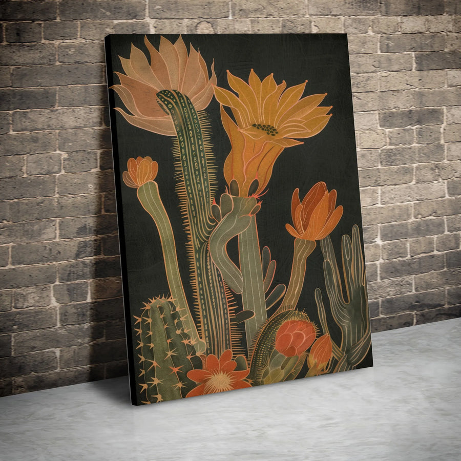 Vintage Desert Floral Vertical Canvas | Retro Botanical Cactus Illustration | Premium Thick Gallery Wrap | Boho Southwestern Wall Decor Gift