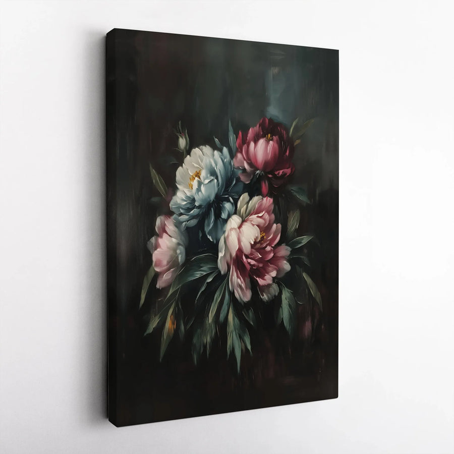 Dark Floral Peony Canvas Wall Art | Moody Botanical Oil Painting Style | Premium Gallery Wrapped Canvas | Dark Academia Home Decor Gift