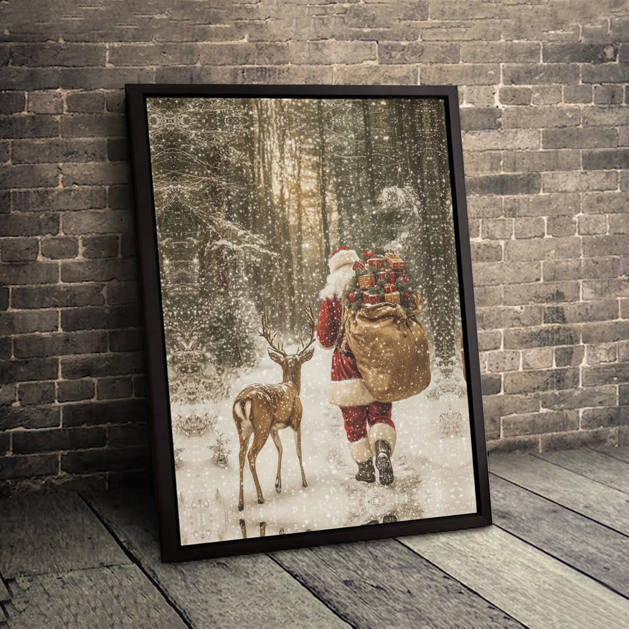 Santa Claus and Reindeer Canvas Wall Art | Snowy Forest Winter Scene | Gallery-Quality 1.25-Inch Profile | Festive Holiday Home Decor Gift