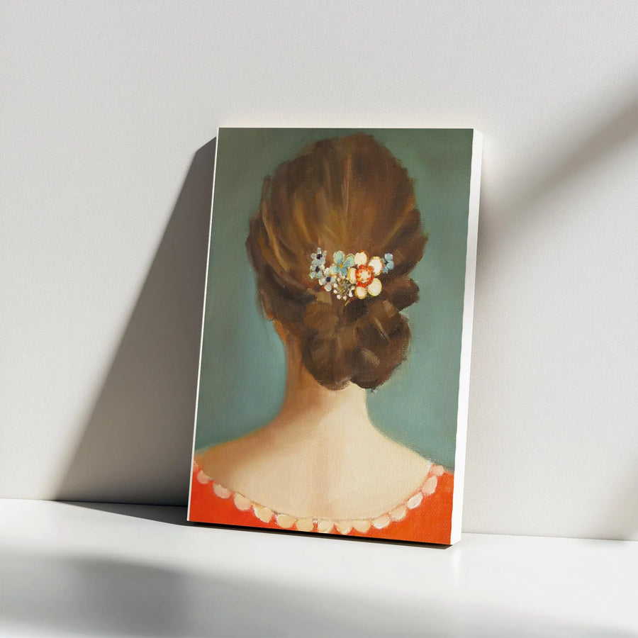 Elegant Woman Portrait Vertical Canvas | Vintage Oil Painting Style Print with Floral Hairpin | Premium 1.25" Thick Gallery Wrap | Romantic Home Decor Gift