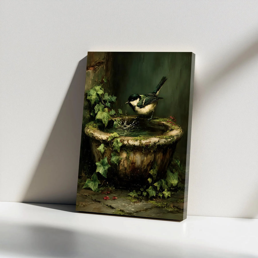 Vintage Bird Painting Canvas | Great Tit at Ivy Birdbath Wall Art | Premium Thick Gallery Wrap | Collector's Gift for Nature Lover