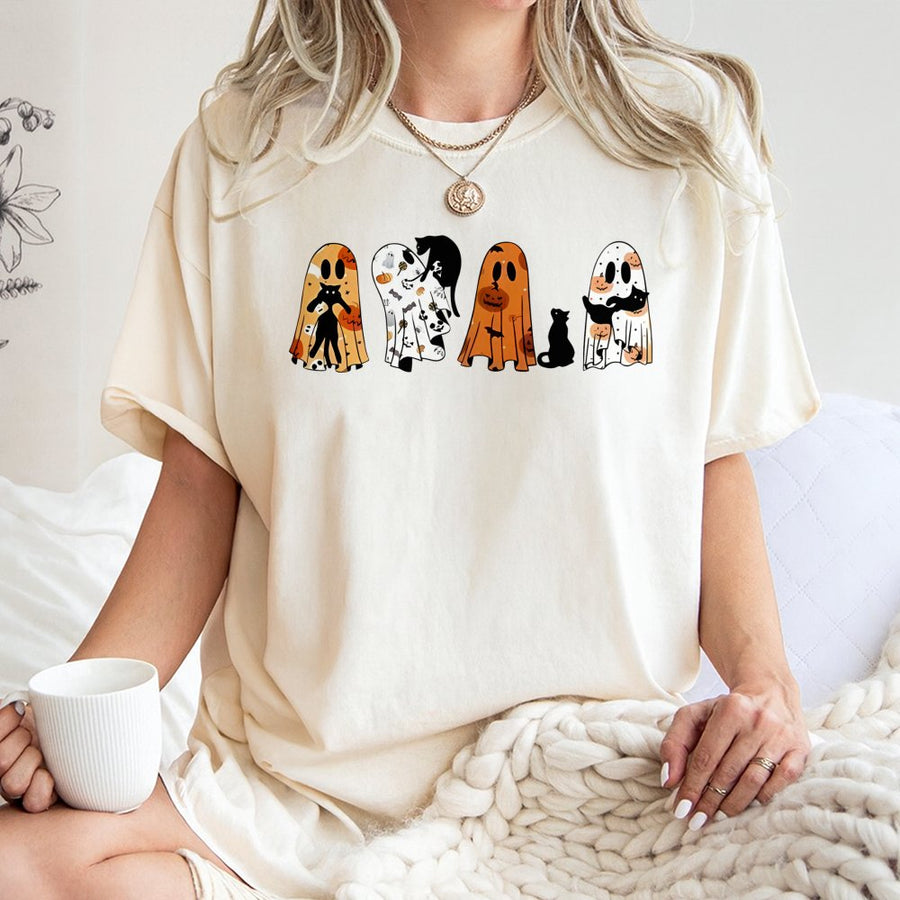 Halloween Ghost Cat T-Shirt | Cute Spooky Pumpkin Kittens Graphic | Soft 100% Cotton Premium Tee | Unisex Autumn Gift for Cat Lovers