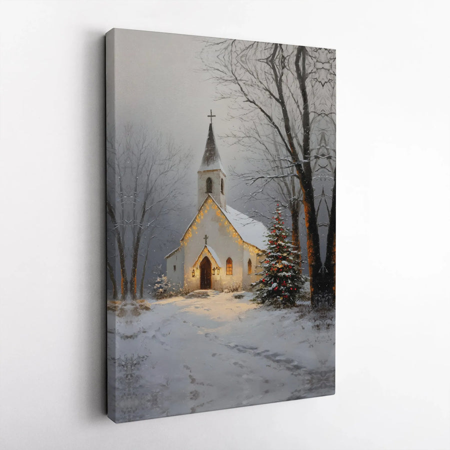 Winter Church Canvas Wall Art | Snowy Christmas Tree Scene | Premium 1.25 Inch Gallery Wrap | Holiday Home Decor Gift