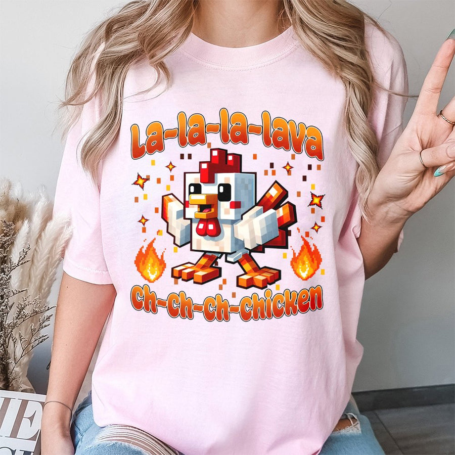 Lava Chicken Graphic T-Shirt | Funny Pixel Art Gaming Design | Premium Soft Cotton Tee | Gamer Gift for Kids Boys and Girls
