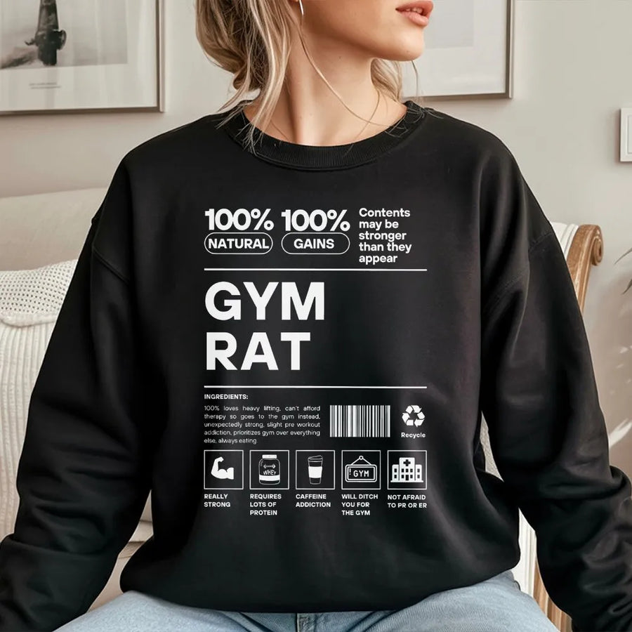 Gym Rat Sweatshirt | Funny Nutrition Facts Workout Design | Premium Cotton Blend | Gift for Bodybuilder or Weightlifter