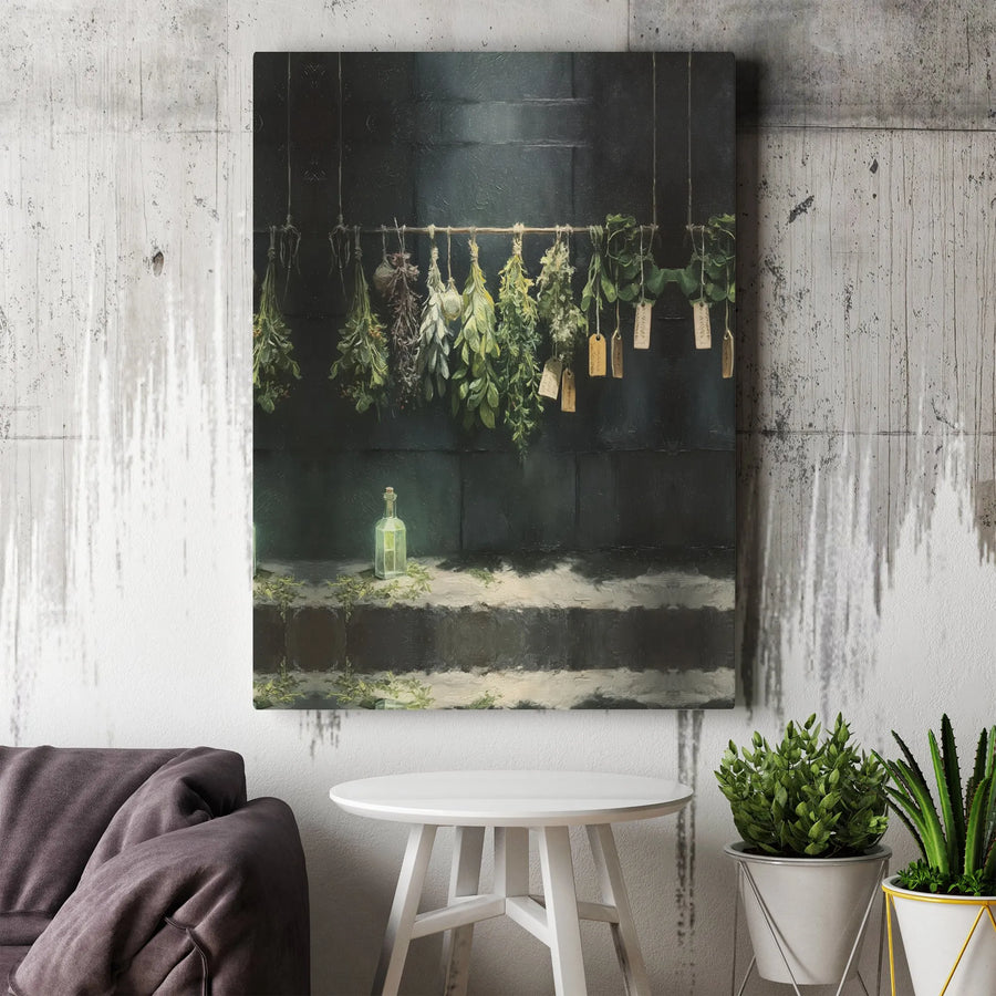 Apothecary Hanging Herbs Canvas Wall Art | Moody Botanical Potion Painting | Premium Fade-Resistant Canvas | Gift for Herbalist, Witchy Kitchen Decor