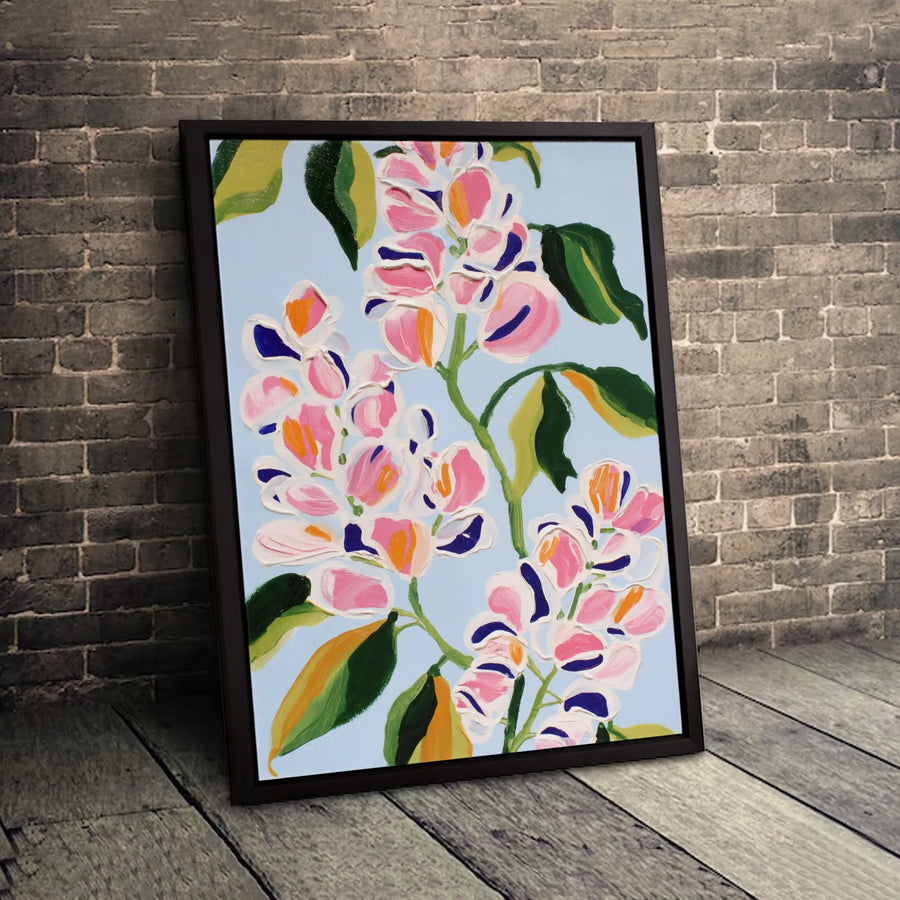 Abstract Floral Canvas Wall Art | Pink and Blue Botanical Oil Painting Print | Premium Gallery Wrapped Decor | Modern Home Office Gift