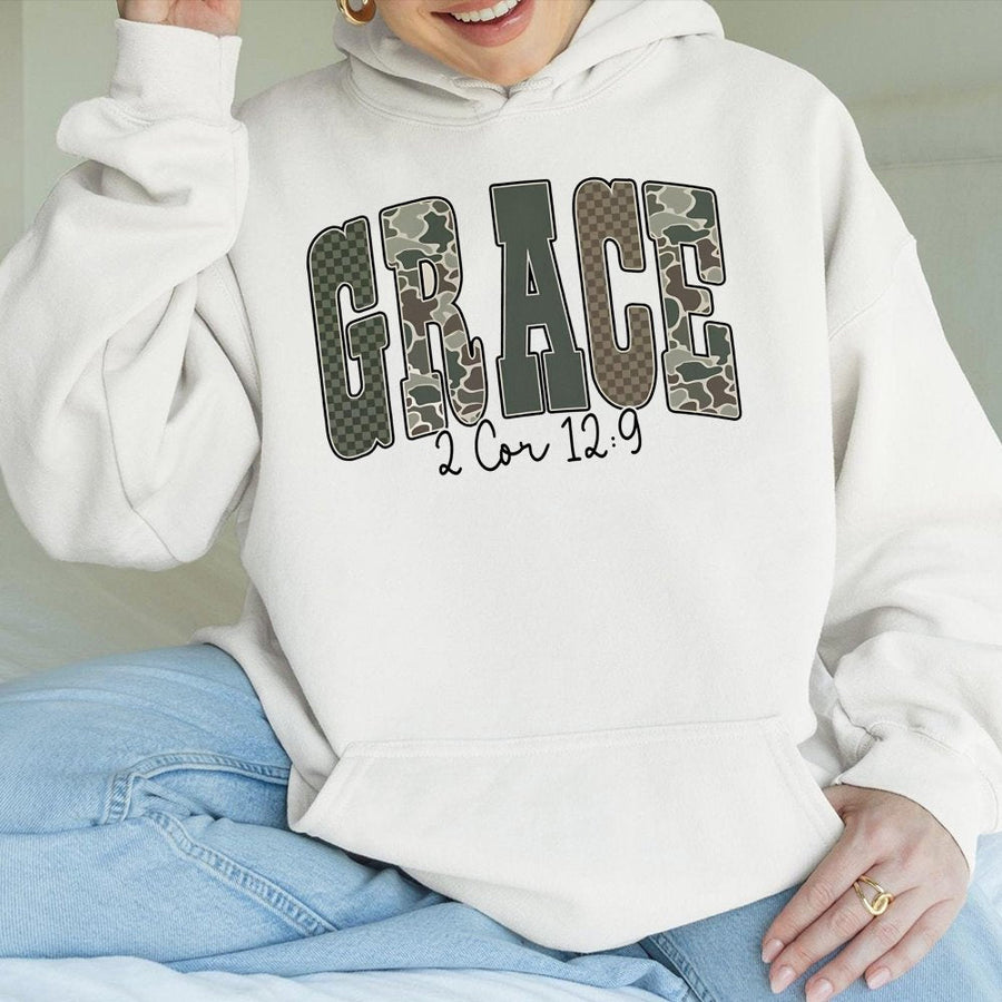 Grace Hoodie | Bible Verse Camo 2 Cor 12:9 Design | Premium Cotton Blend | Christian Faith Gift for Women & Men