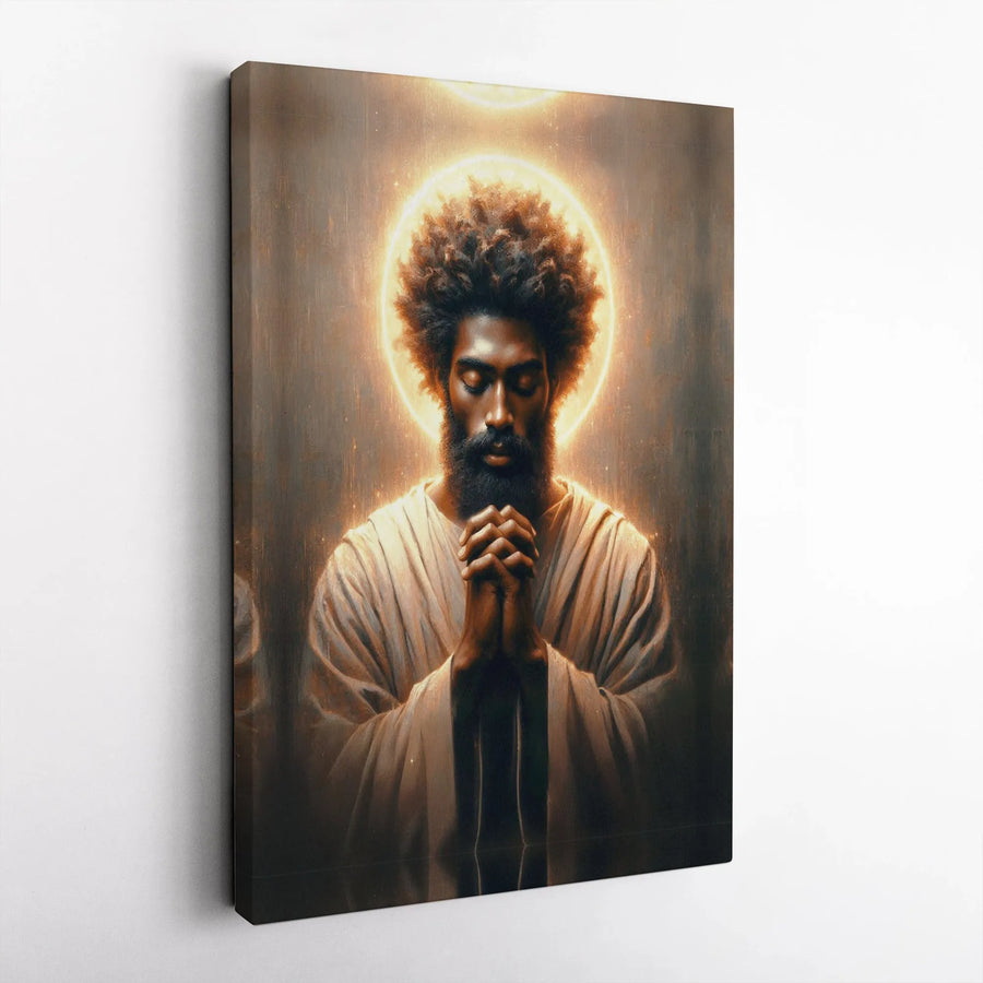 Black Jesus Wall Art | Praying African American Savior With Glowing Halo | Premium Gallery-Wrapped Canvas | Spiritual Home Decor Gift