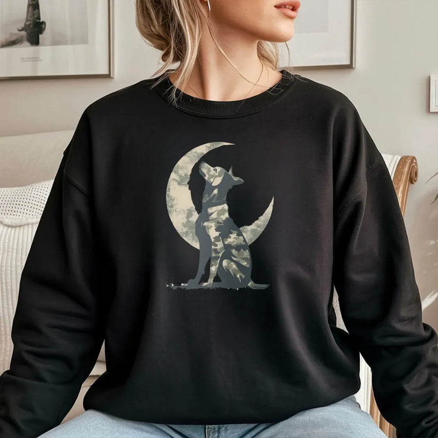 Camo Dog Sweatshirt | Howling Wolf Silhouette Moon Design | Premium Cotton Blend Crewneck | Outdoor Wildlife Hunter Gift for Men and Women