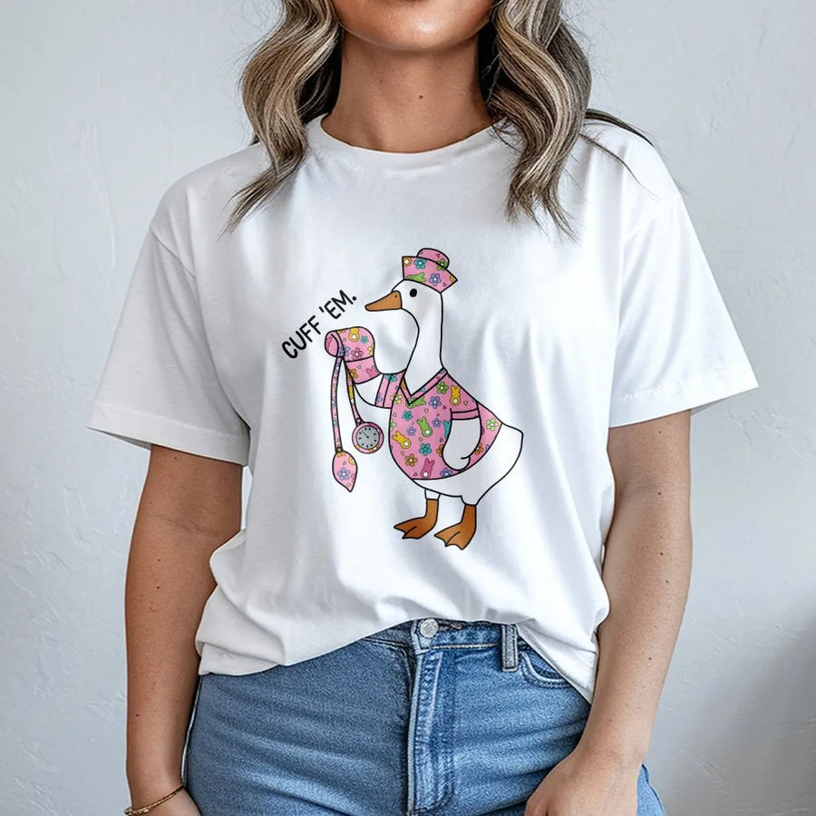 Nurse Goose T-Shirt | Funny Cuff Em Design | Premium 100% Cotton Tee | Cute RN Nursing Student Gift for Easter or Graduation