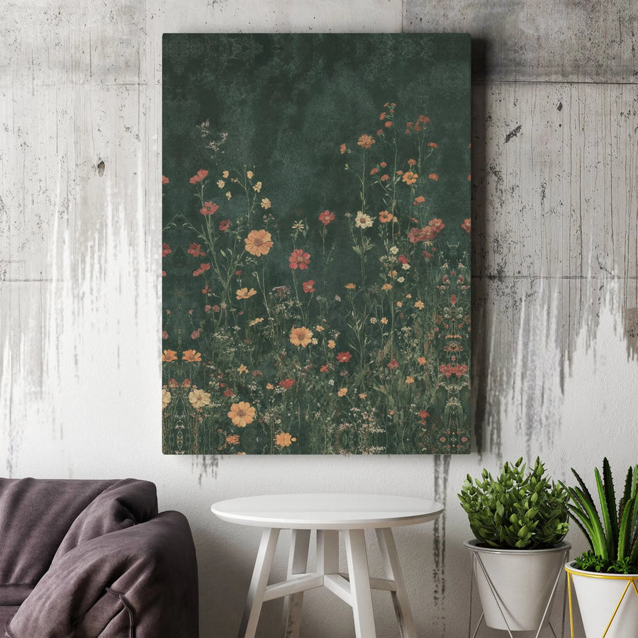 Vintage Wildflower Canvas Wall Art | Moody Dark Botanical Print | Premium Framed Canvas | Dark Cottagecore Home Decor Gift