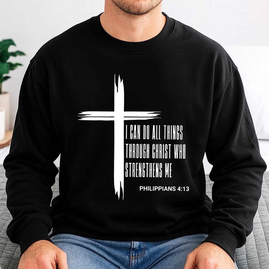 Philippians 4:13 Sweatshirt | I Can Do All Things Through Christ Cross Design | Premium Cotton Blend | Christian Faith Gift for Men and Women