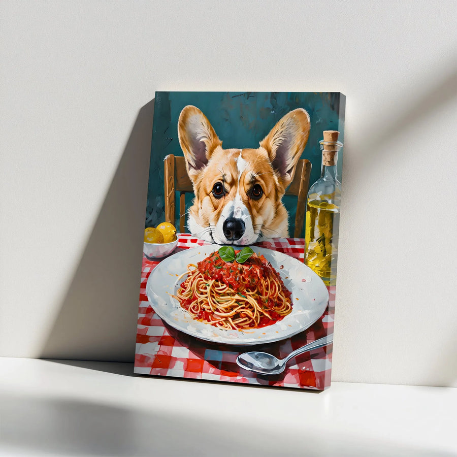 Corgi Spaghetti Canvas Print | Funny Dog & Spaghetti Painting | Thick Gallery Wrap Canvas | Gift for Dog Lover & Kitchen Decor