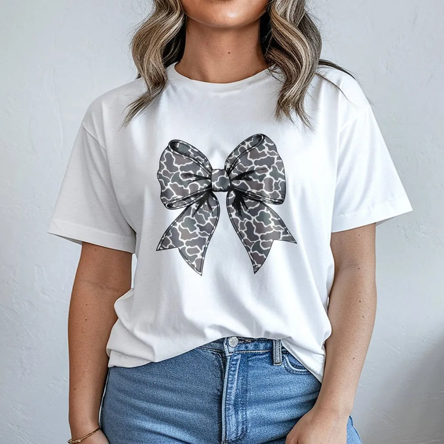 Camo Bow T-Shirt | Trendy Coquette Aesthetic Graphic Print | Premium Soft Cotton Tee | Cute Girly Country Style Gift for Her
