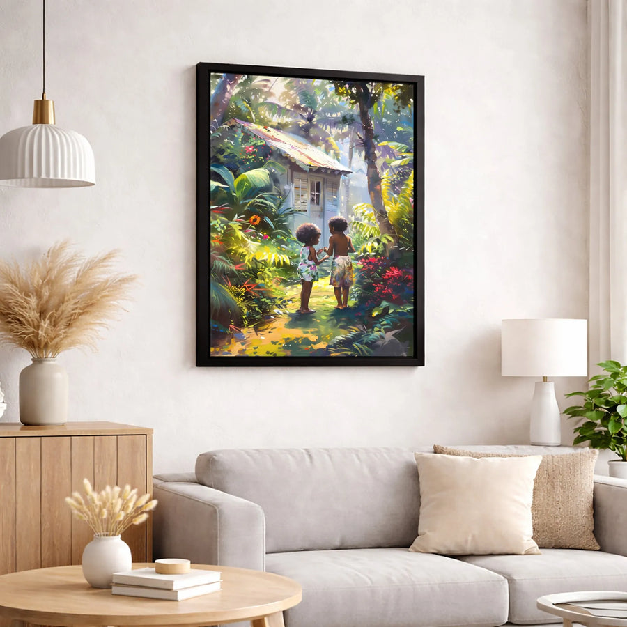 Black Children Canvas Wall Art | Tropical Jungle Garden Painting | Premium Gallery Wrap Print | Whimsical Nursery Decor & Meaningful Gift
