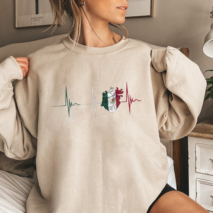 Mexico Heartbeat Sweatshirt | Mexican Flag Anatomy EKG Design | Soft Cotton Blend Unisex Pullover | Mexican Heritage Pride Gift