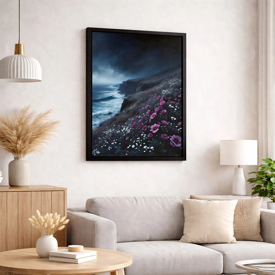 Stormy Ocean Cliff Canvas Print | Moody Coastal Landscape with Wildflowers | Premium Gallery-Wrapped Art | Modern Home & Office Wall Decor