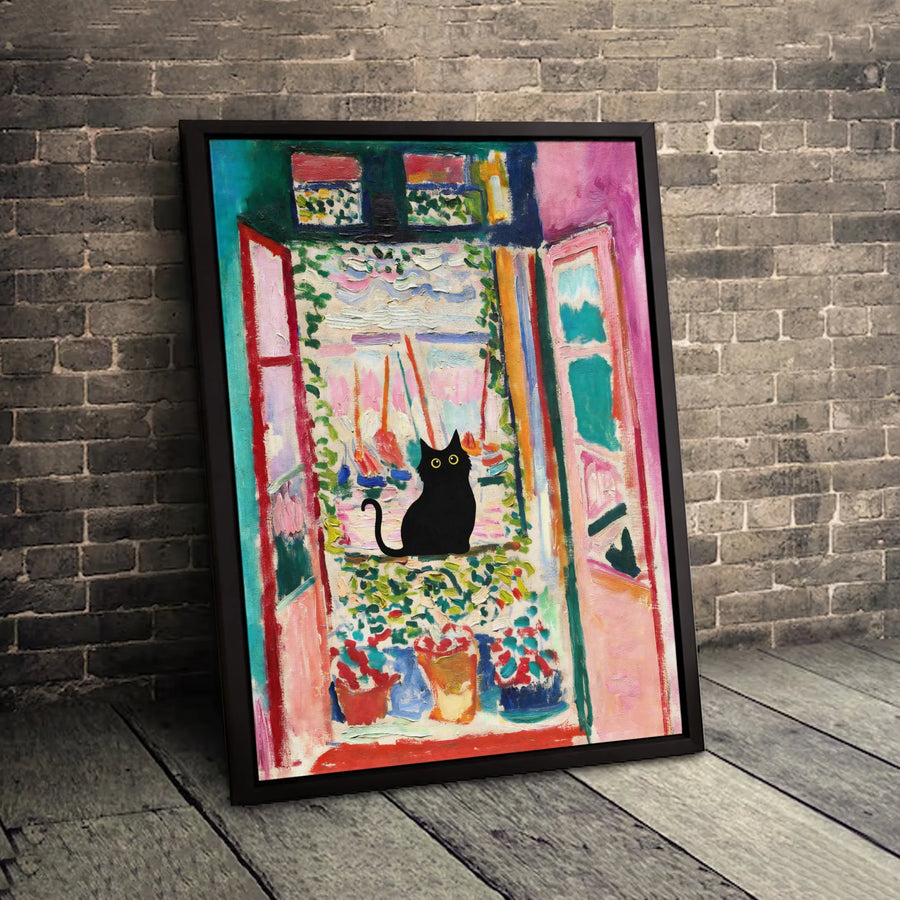 Black Cat Matisse Style Wall Art | Impressionist Open Window Print | Premium Gallery Canvas | Unique Home Decor Gift