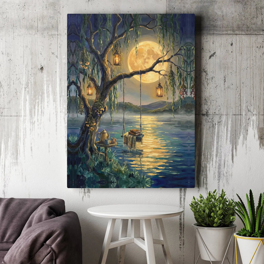 Moonlit Tree Swing Canvas Art | Peaceful Night Lake Painting with Lanterns | Premium Framed Canvas Print | Cozy Home Decor Gift