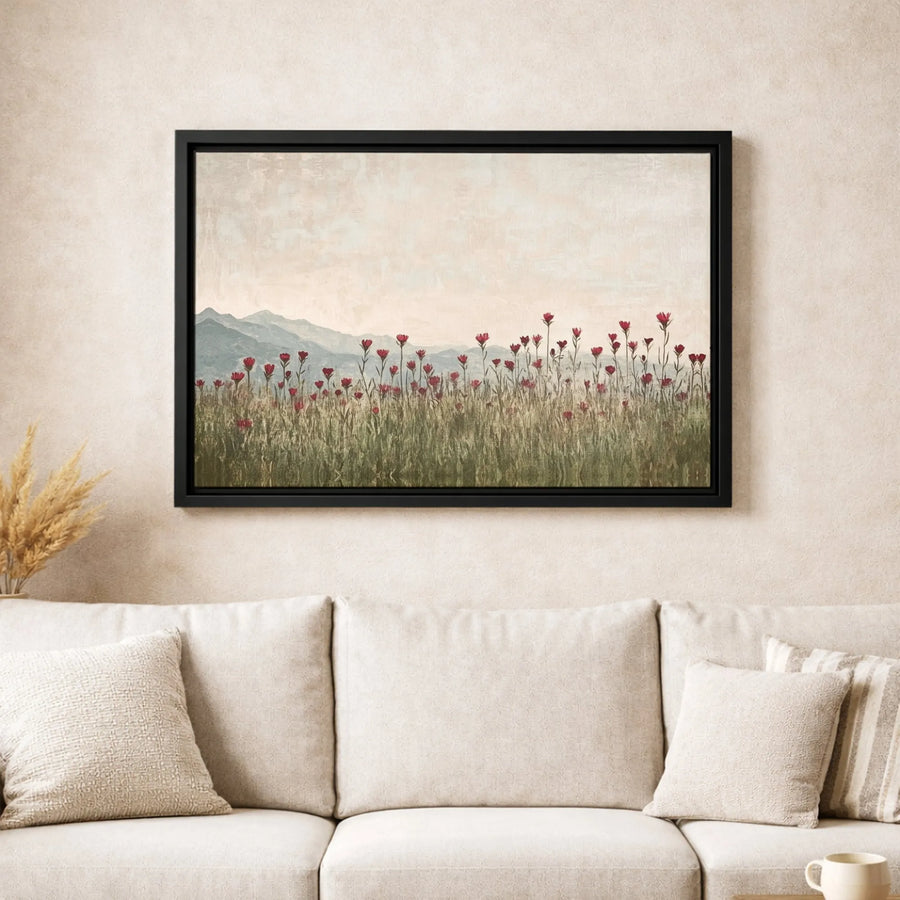 Mountain Landscape Canvas Wall Art | Red Wildflower Meadow Print | Premium 1.25" Gallery Wrap | Boho Farmhouse Home Decor Gift