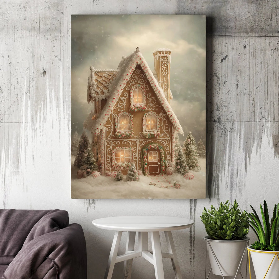 Gingerbread House Christmas Canvas Wall Art | Snowy Holiday Home Decor | Premium Fade-Resistant Print | Festive Seasonal Gift for Family