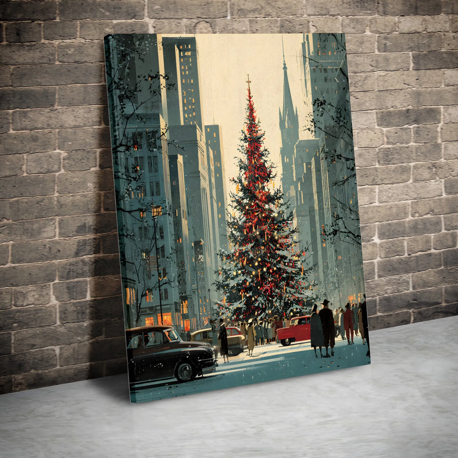 Vintage New York City Christmas Canvas Art | Retro Holiday Street Scene with Tree | Gallery-Quality Fade-Resistant Print | Festive Winter Home Decor